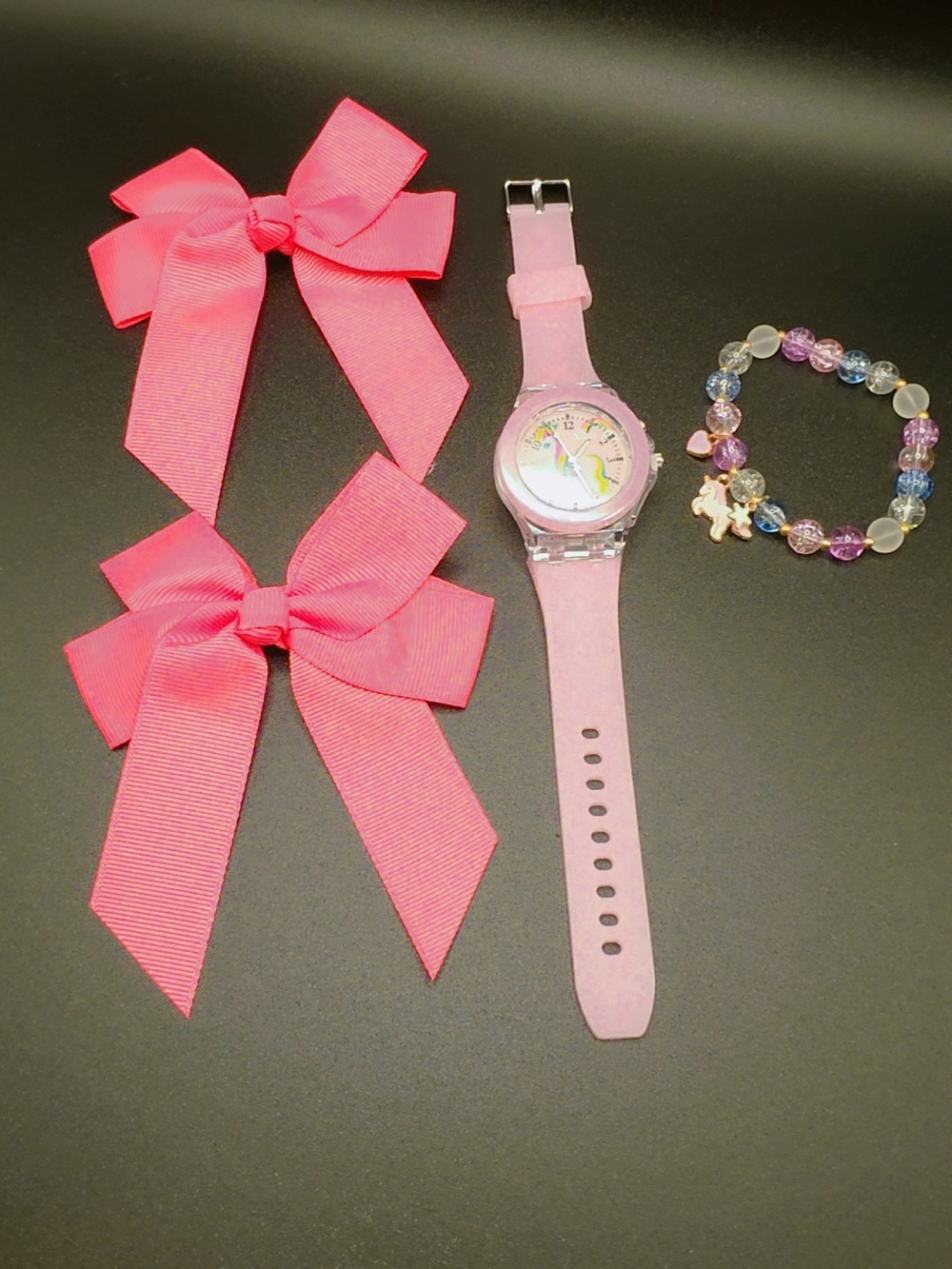 Kids Pink Unicorn Watch with Pink Hair Bows and Beaded Bracelet